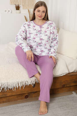 Çiçekli Fitilli Büyük Beden Pijama Takımı Lila - GLİSA