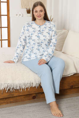 Çiçekli Fitilli Büyük Beden Pijama Takımı Mavi - GLİSA