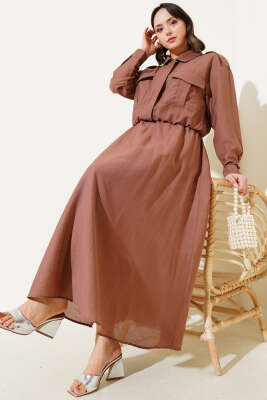 Çift Cepli Fermuarlı Etekli İkili Takım Kahve