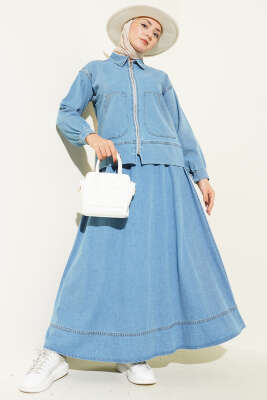 Çift Cepli Fermuarlı Etekli Kot Takım Açık Mavi