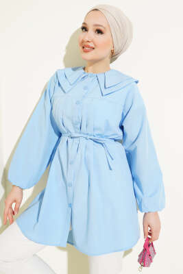 Çift Yaka İp Kuşaklı Gömlek Bebe Mavi