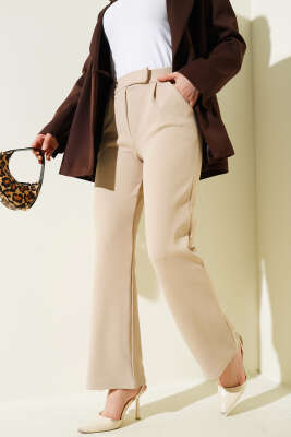 Cırtcırtlı Tek Pile Pantolon Bej - Pantolon