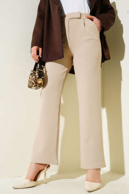 Cırtcırtlı Tek Pile Pantolon Bej - Pantolon