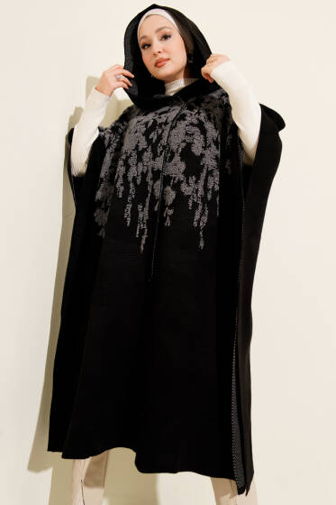 Çıtçıt Düğmeli Kapüşonlu Triko Panço Füme - Panço