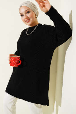 Çizgi Baklava Desen Triko Tunik Siyah