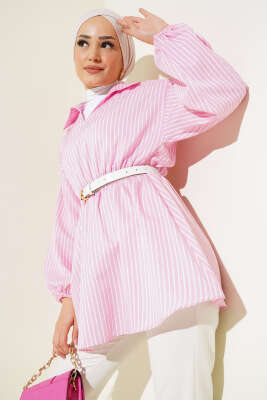 Çizgili Balon Kol Bel Lastikli Tunik Pembe