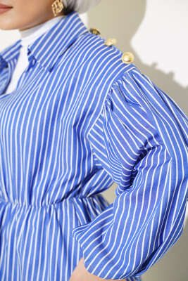 Çizgili Balon Kol Bel Lastikli Tunik Saks - Tunik