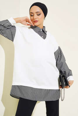 Çizgili Gömlek Garnili Tunik Füme 