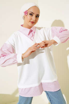 Çizgili Gömlek Garnili Tunik Pembe - TEGOE