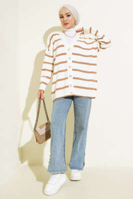 Çizgili Salaş Hırka Ekru Camel - Hırka