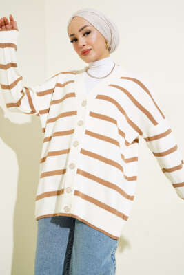 Çizgili Salaş Hırka Ekru Camel - Hırka