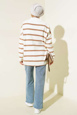 Çizgili Salaş Hırka Ekru Camel - Hırka