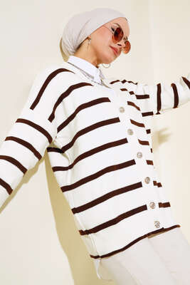 Çizgili Salaş Hırka Ekru Kahve 