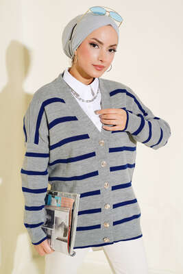 Çizgili Salaş Hırka Gri Lacivert 