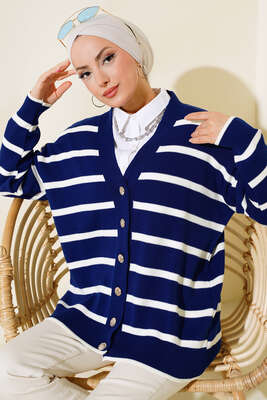 Çizgili Salaş Hırka Lacivert 