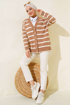 Çizgili Salaş Hırka Latte Ekru 