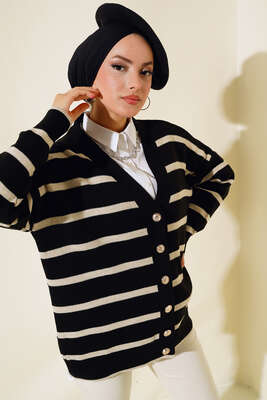 Çizgili Salaş Hırka Siyah Bej 