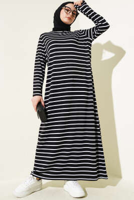 Çizgili Salaş Penye Elbise Siyah