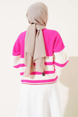 Çizgili Triko Crop Kazak Fuşya - Triko