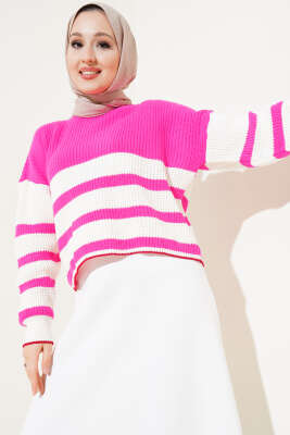 Çizgili Triko Crop Kazak Fuşya - Triko