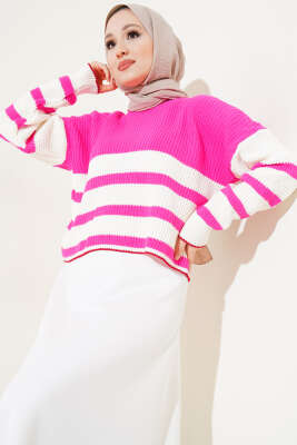 Çizgili Triko Crop Kazak Fuşya - Triko