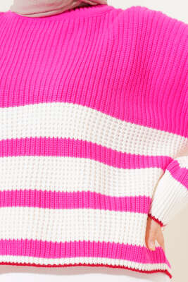 Çizgili Triko Crop Kazak Fuşya - Triko