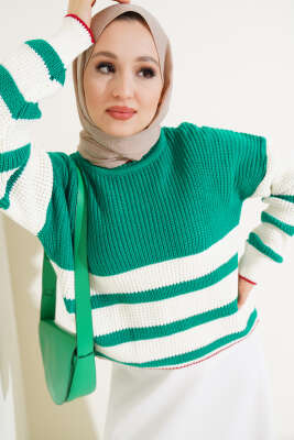 	 Çizgili Triko Crop Kazak Zümrüt 