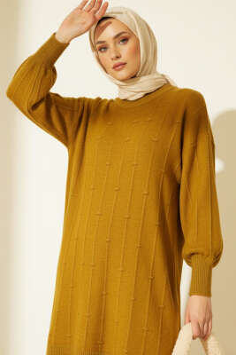 Damla Kabartmalı Yumoş Triko Tunik Yağ Yeşili - NESSİA