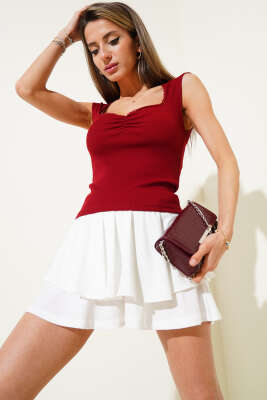 Dantel Detaylı Kaşkorse Bluz Bordo