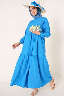 Dantel Süslemeli Kuşaklı Elbise İndigo