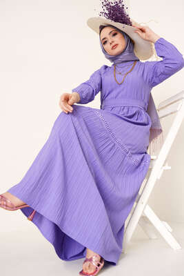 Dantel Süslemeli Kuşaklı Elbise Lila