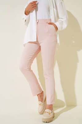 	 Dar Paça Pileli Kumaş Pantolon Pudra - UKBE
