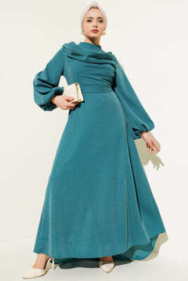 Degaje Yaka Simli Abiye Elbise Petrol - Elbise