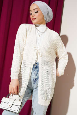 Delikli İp Bağcıklı Triko Hırka Ekru - Hırka