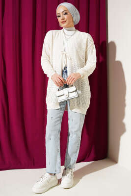 Delikli İp Bağcıklı Triko Hırka Ekru - Hırka