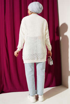 Delikli İp Bağcıklı Triko Hırka Ekru - Hırka