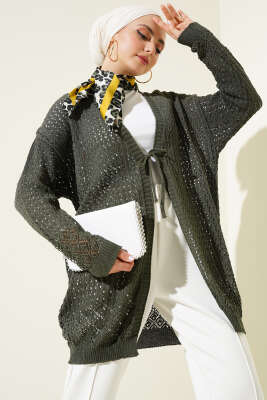 Delikli İp Bağcıklı Triko Hırka Haki 