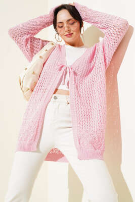 Delikli İp Bağcıklı Triko Hırka Pembe 