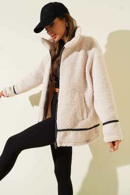 Deri Biyeli Fermuarlı Peluş Ceket Bej 