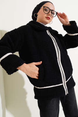 Deri Biyeli Fermuarlı Peluş Ceket Siyah 