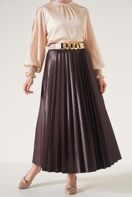 Deri Görünümlü Piliseli Kestane Etek