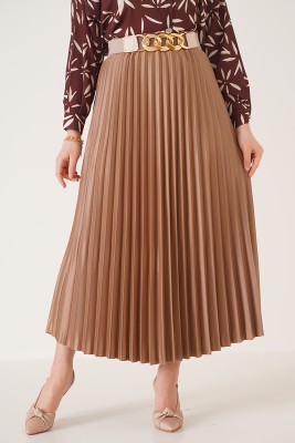 Deri Görünümlü Piliseli Latte Etek