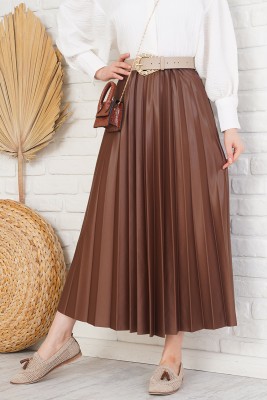 Deri Görünümlü Piliseli Taba Etek