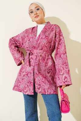 Desenli İp Bağcıklı Kimono Fusya