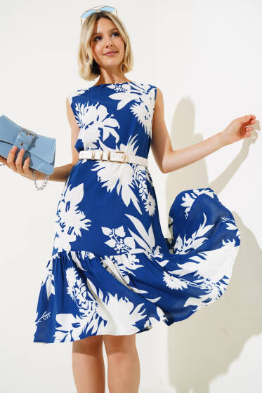 Desenli Kolsuz Elbise İndigo - Yeni Giyim