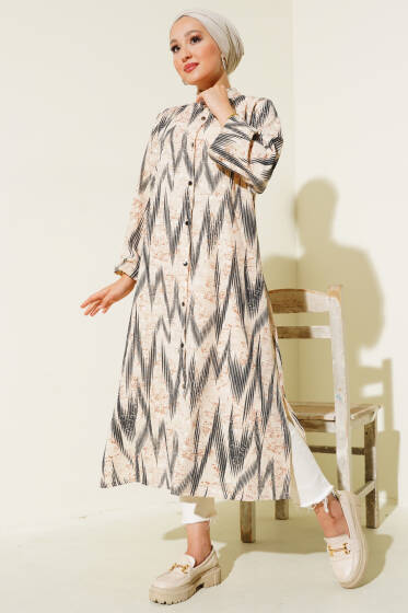 Desenli Metal Düğmeli Uzun Gömlek Siyah - Gömlek