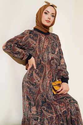 Desenli Şifon Elbise Kahve - PİYES COLLECTİON