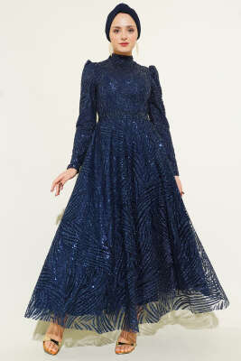 Desenli Simli Pullu Abiye Elbise Lacivert 