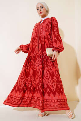 Desenli Yarım Düğmeli Elbise Bordo 