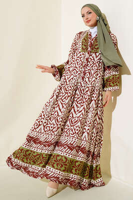 Desenli Yarım Düğmeli Elbise Kahve - Elbise